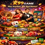 K99 Game promo with players, cards, chips, dice, and mobile games showing fair play and bonuses.