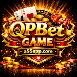 QPBet Game casino banner with cards, dice, chips, and a55app.com