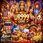 UR999 Game with slots, roulette, characters, and A55App logo.