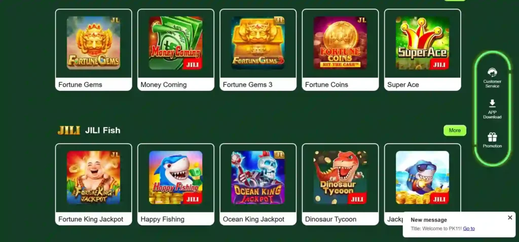 Paki11 Game gameplay screen showing casino style games
