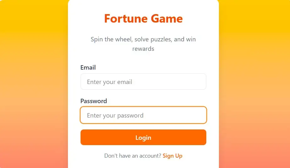Fortune Game registration screen
