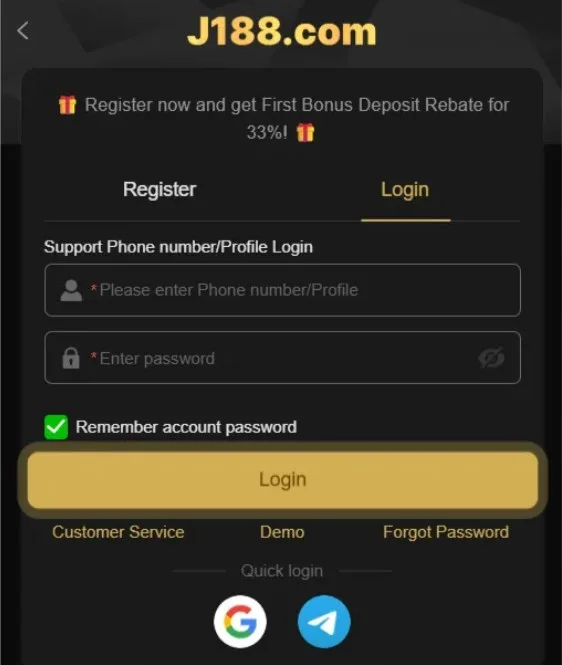 J188 Game registration methods on mobile app