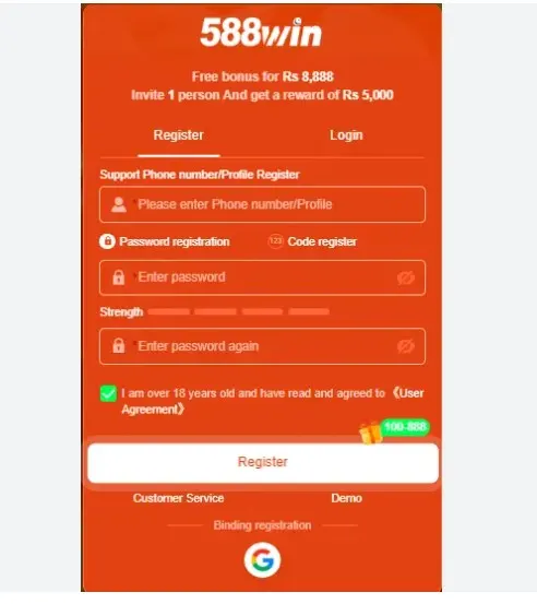 588Win registration screen