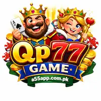 Qp77 Game logo with king, queen, and a55app.com.pk