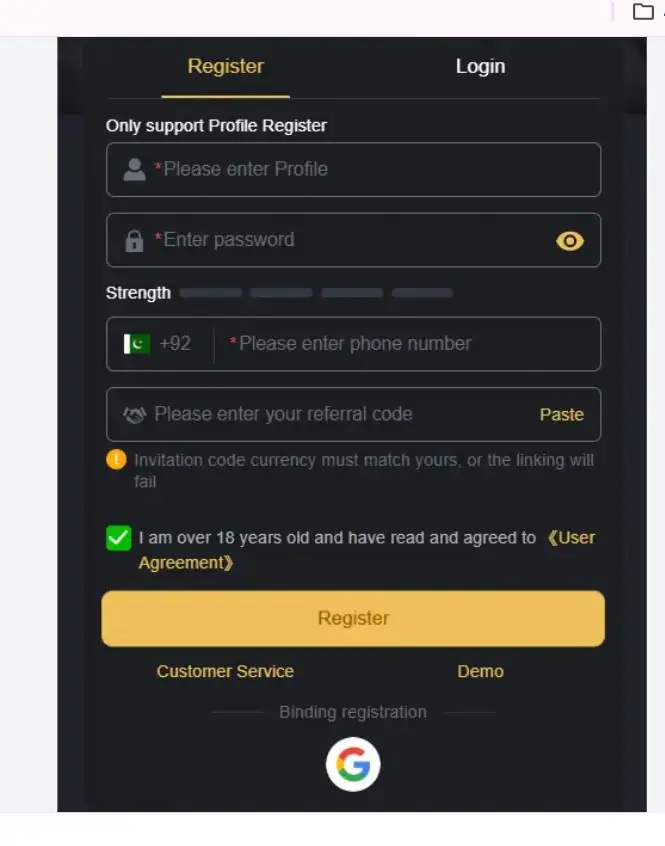 S9casino registration method screenshot
