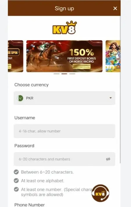 Kv8 Sign up Screenshort