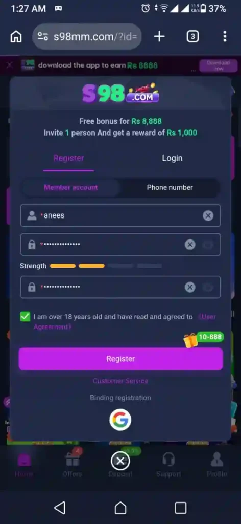 S98 Game registration